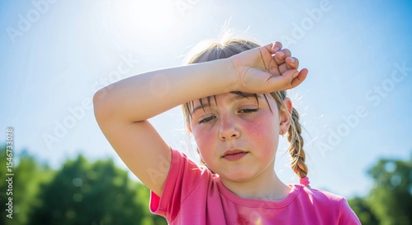 Fototapeta Little girl with braids, tired from the heat, holding her hand to her sweaty forehead. Child suffering from high temperatures outdoors in summer. Sun safety and heatstroke risk for kids