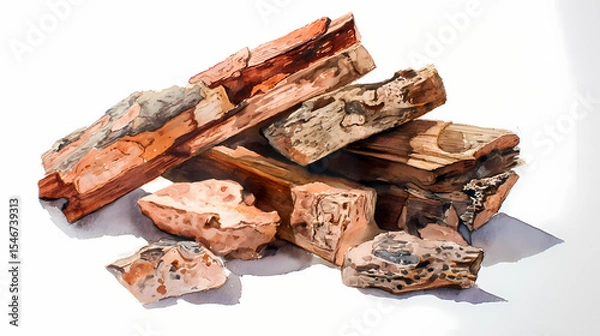 Fototapeta Watercolor Illustration of Anantmool Bark Pieces (Hemidesmus indicus) – Ayurvedic Herb Segments on White Background


