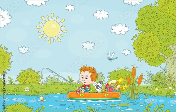 Obraz Funny little boy with a merry puppy floating in an inflatable boat with a fishing-rod and catching fishes in a pretty rushy lake on a sunny summer day in countryside, vector cartoon illustration