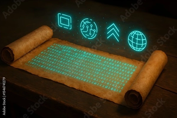 Fototapeta Ancient Scroll on Wooden Table with Glowing Digital Code and Futuristic Symbols
