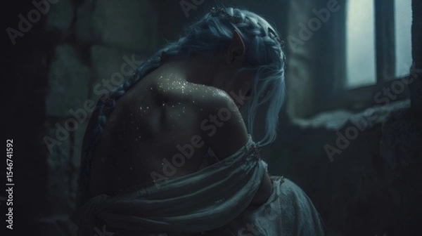 Obraz Beautiful fantasy warrior queen posing in dark castle interior