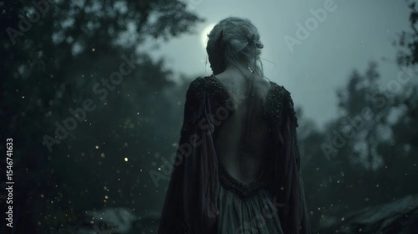 Fototapeta Elven princess wearing fantasy dress walking in enchanted forest at night