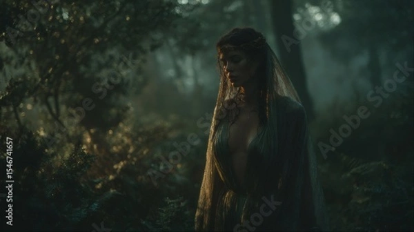 Obraz Elven princess wearing headdress and veil, posing in enchanted forest