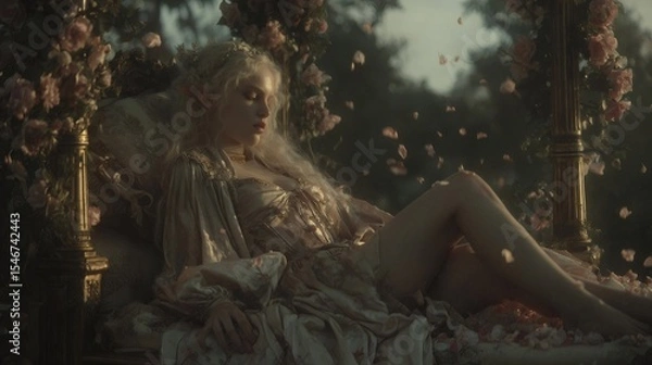 Obraz Elven princess resting on golden bed with falling rose petals