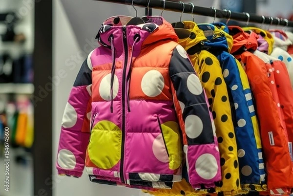 Fototapeta Colorful puffer jackets hanging on display. Winter jackets hooded with zipper and pockets in a retail store, various styles, hues. Rack of clothes. Colourful seasonal fashion garments sale. Outerwear.