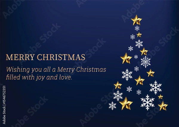 Obraz Abstract Christmas tree made from stars and snowflakes on dark blue background,Christmas tree from stars abstract christmas winter background.