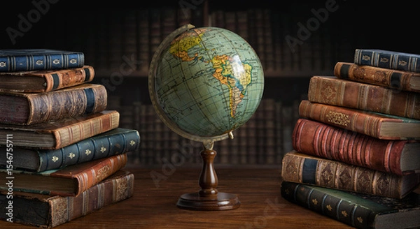 Obraz Old geographical globe and old book in cabinet with bookselfs. Science, education, travel background. History and geography team. Ancience, antique globe on the background of books.
