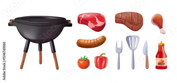Fototapeta Barbecue and Grilling Essentials 3D render vector Illustration. Featuring grilling essentials, like barbecue grills