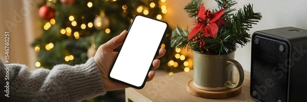 Fototapeta  Christmas  mobile phone showing an empty screen, ideal for holiday advertisements