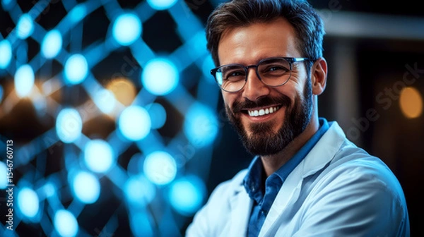 Fototapeta Smiling man in a white coat stands in front of a network of glowing blue lights. Concept of science and innovation. For a technology-themed editorial.