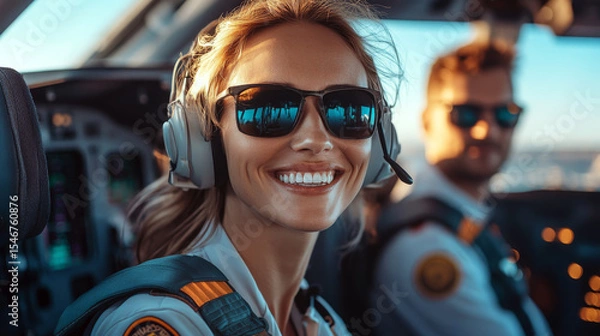 Fototapeta Smiling pilot wearing sunglasses in an aircraft cockpit with a co-pilot. Concept of aviation and teamwork. For aerospace industry promotion.