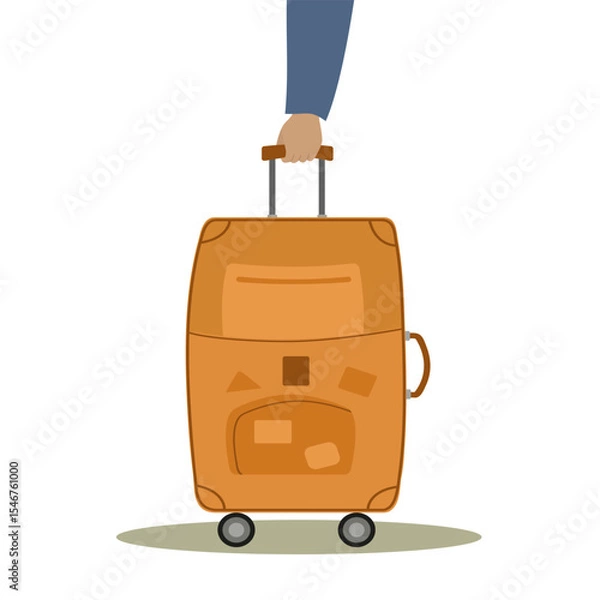 Obraz Vacation, holiday travel concept. Human hand holds suitcase by handle. Suitcase with wheels and retractable handle. Traveler's luggage. Flat vector.