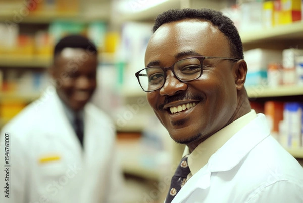 Fototapeta Smiling man in white coat with glasses stands in pharmacy aisle, blurred figure in background. Concept of healthcare professionalism. For healthcare articles.