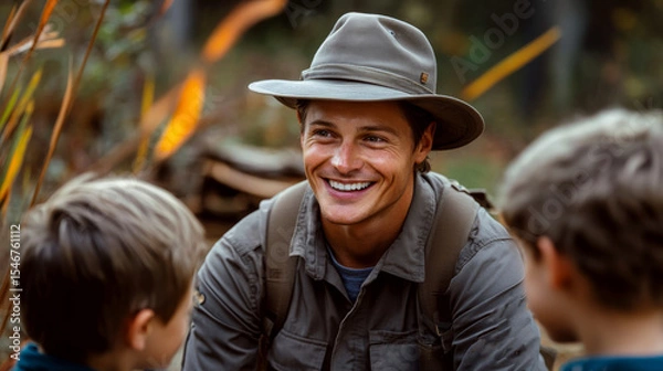 Fototapeta A man wearing a hat is smiling and interacting with two children in a forest setting. Concept of outdoor education and mentorship. For promoting outdoor learning