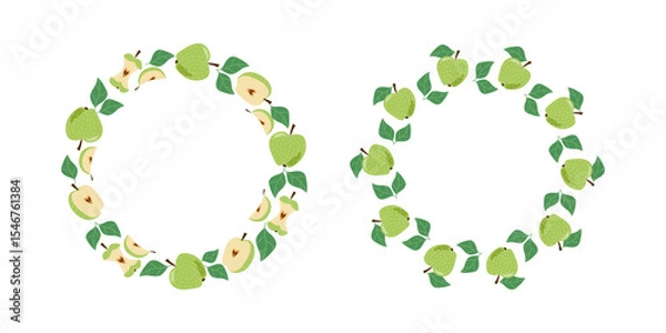 Obraz Apples, whole and halves of fruit. Banner, set of round frames. Garden harvest. Illustrations for menu design, bar, cafe, recipes, restaurant. Place for text, white isolated background.