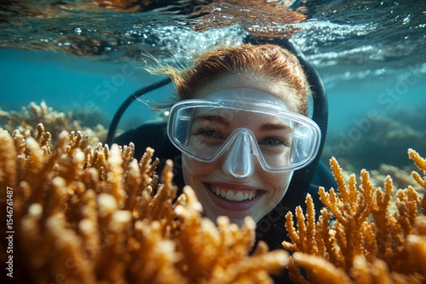 Fototapeta A person in a diving mask is underwater, smiling near coral reefs. Concept of underwater exploration. For marine life photography.