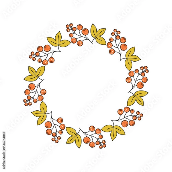 Obraz Leaves, berries. Autumn set. Round frame, banner with space for text. Leaf fall, doodles, drawings, sketch. Natural botanical background.