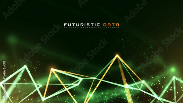 Fototapeta Futuristic Green Background with Glowing Golden Polygon Lines, Dynamic Triangle Wireframe Chart, Sci-Fi Data Visualization Banner, Luxury Trading Analysis Backdrop.
