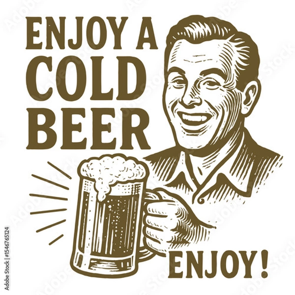Fototapeta Vintage depiction of a smiling man enjoying a cold beer illustration  