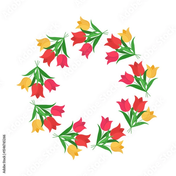 Obraz Banner, festive floristic round frame. Flowers, multicolored tulips. Natural plant border. Postcard. Drawing, vector graphics, isolated on white background.