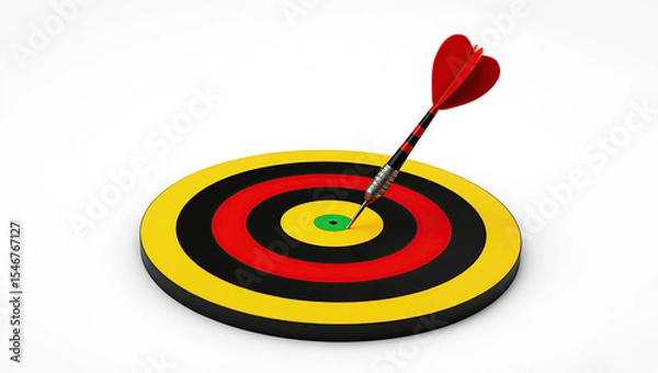 Obraz A Precise Dart Hit on a Bullseye Target with Concentric Rings of Yellow, Black, and Red Colors, Achieving Ultimate Accuracy and Success in a Game of Skill and Precision on a Clean White Background