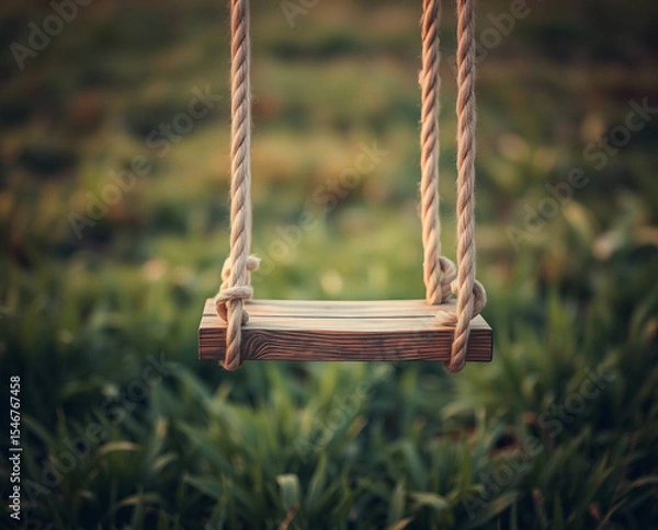 Fototapeta a wooden swing suspended by two thick, twisted ropes. The swing is centered in the frame, hanging just above a lush, green grass surface