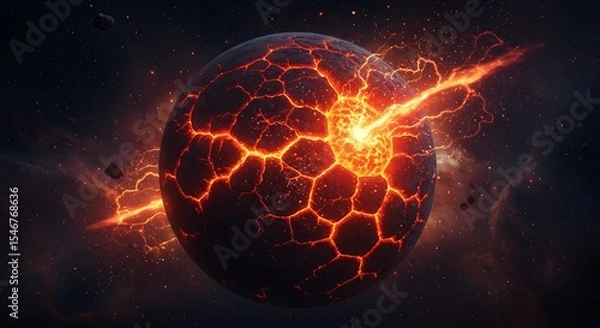 Fototapeta Molten core planet has fiery orange energy network erupting in deep space