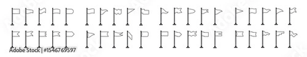 Fototapeta set of 40 Collection of flag and pennant icons with poles for start, end, banner, location, pin destination map pictograms in monoline form
