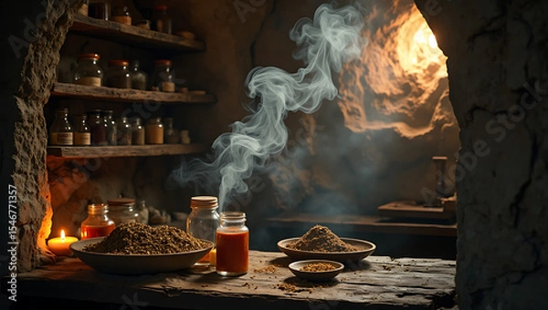 Fototapeta Rustic herbalist workshop with wooden table containing jars, bowls, and smoking incense creating mystical apothecary atmosphere