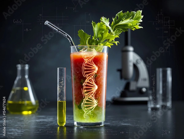 Fototapeta Layered cocktail with DNA helix and celery garnish on table with microscope and laboratory glassware - molecular gastronomy science cocktail