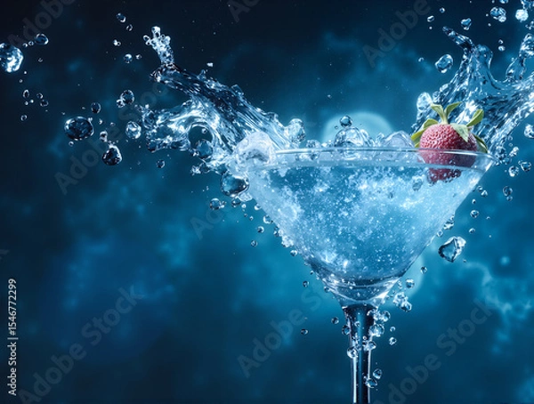 Fototapeta Martini glass with clear liquid and single strawberry creating dynamic splash against blue gradient background - refreshing drink motion