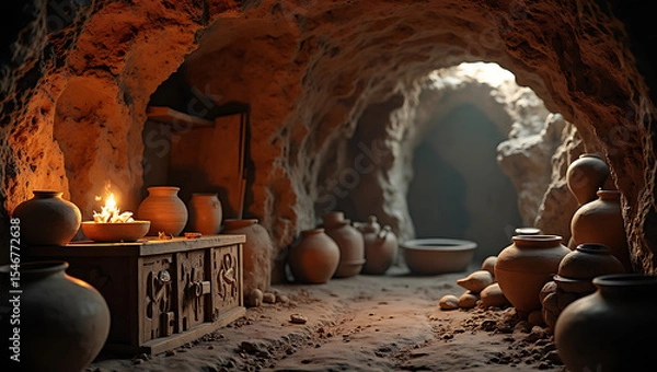 Fototapeta Ancient clay pottery jars stored in stone cave tunnel illuminated by candlelight creating mysterious archaeological atmosphere