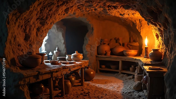 Fototapeta Ancient clay pottery jars stored in stone cave tunnel illuminated by candlelight creating mysterious archaeological atmosphere
