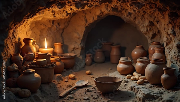 Fototapeta Ancient clay pottery jars stored in stone cave tunnel illuminated by candlelight creating mysterious archaeological atmosphere