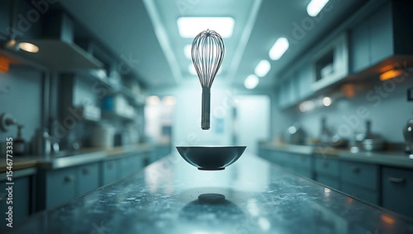 Fototapeta Kitchen whisk suspended mid-air dropping flour powder above bowl in modern futuristic kitchen creating dynamic culinary action scene