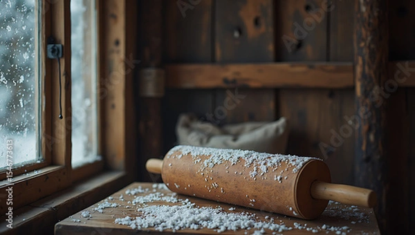 Fototapeta Flour-dusted wooden rolling pin on rustic kitchen counter with snowy winter landscape visible through window - cozy baking atmosphere