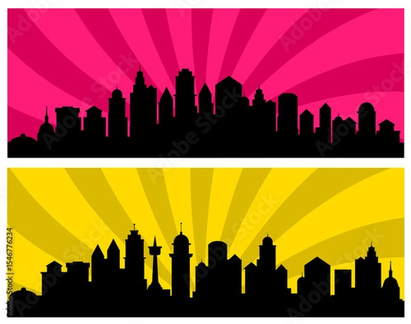 Fototapeta Cityscape silhouettes with colorful radial backgrounds representing