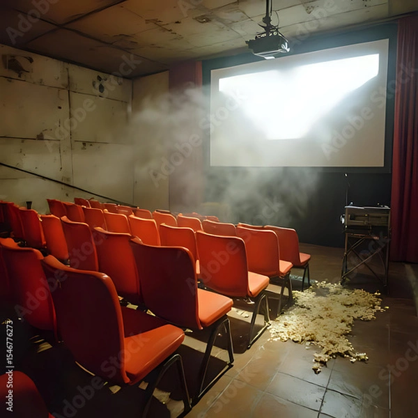 Fototapeta Empty vintage cinema with red seats, projector screen showing light beam and scattered popcorn on floor creating nostalgic theater atmosphere