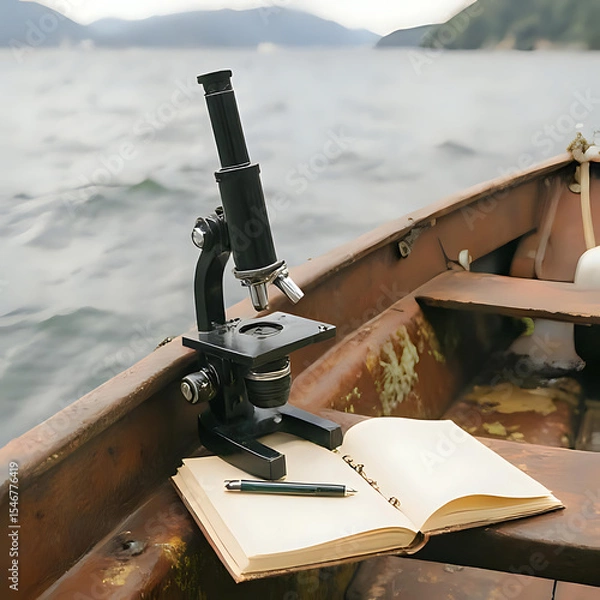 Fototapeta Black microscope and open notebook with pen in weathered wooden boat floating on water with hills in background - field research scene