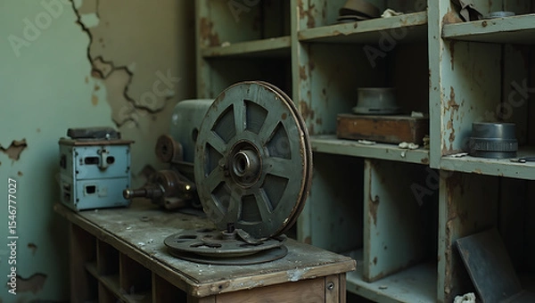 Fototapeta Vintage film reel in abandoned room with peeling green walls and dusty shelves creating nostalgic atmosphere of forgotten cinema history