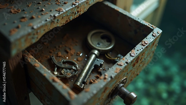 Fototapeta Collection of antique iron keys on weathered wooden surface with natural lighting creating mysterious vintage atmosphere - rustic treasure