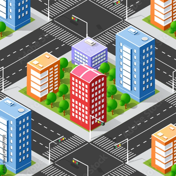Fototapeta Colorful isometric cityscape with buildings and trees