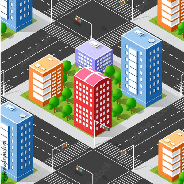 Fototapeta Colorful isometric cityscape with buildings and trees