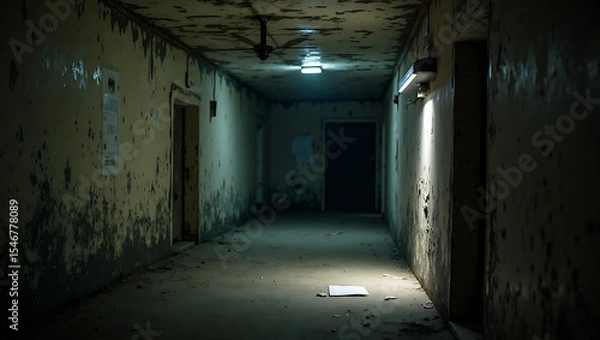 Fototapeta Eerie abandoned hallway with peeling paint, fluorescent lighting, paper on floor casting shadow, decaying walls, horror atmosphere, desolate