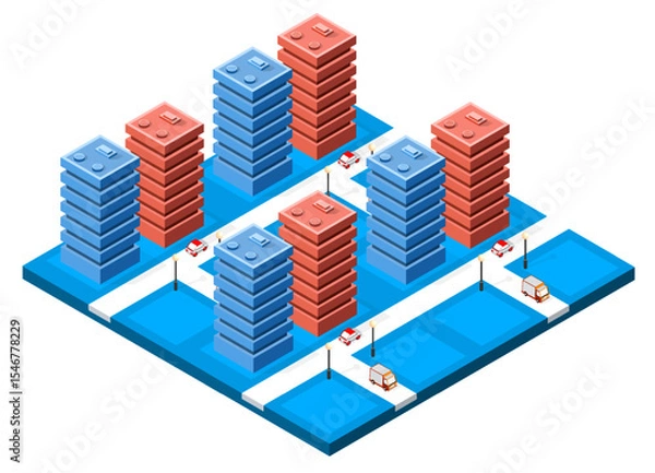 Fototapeta Colorful isometric city center with skyscrapers and traffic