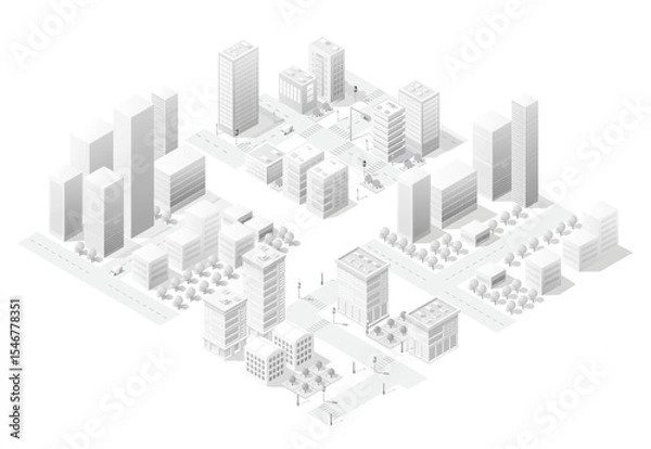 Fototapeta Modern city center with skyscrapers, streets and trees forming