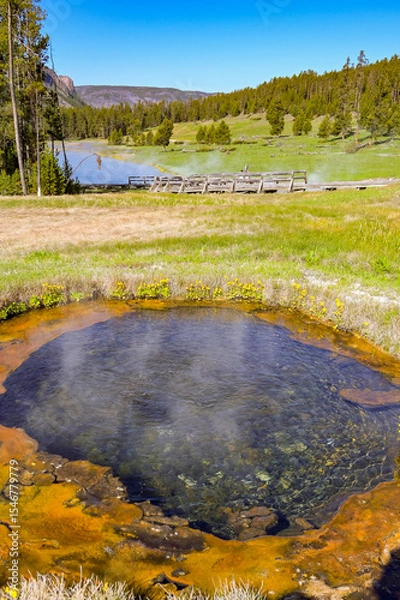 Obraz Scenic view of a spring of boiling water in the geothermal area of the Terrace Springs in Yellowstone National Park. No people.