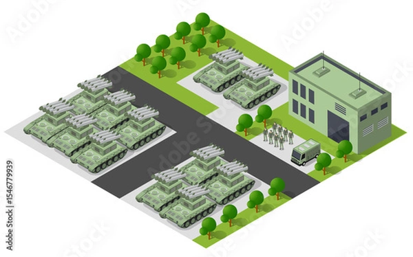 Fototapeta Military base with tanks, missile launchers, and buildings managing