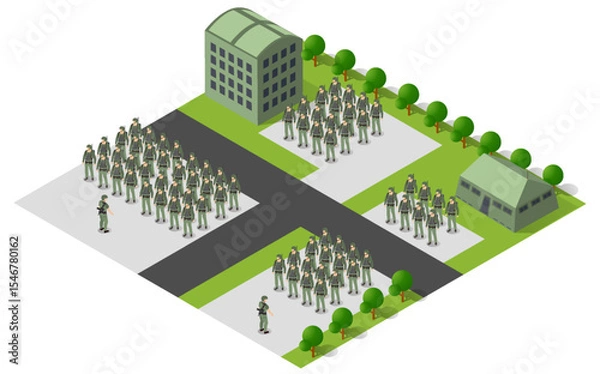 Fototapeta Military base with tanks, missile launchers, and buildings managing