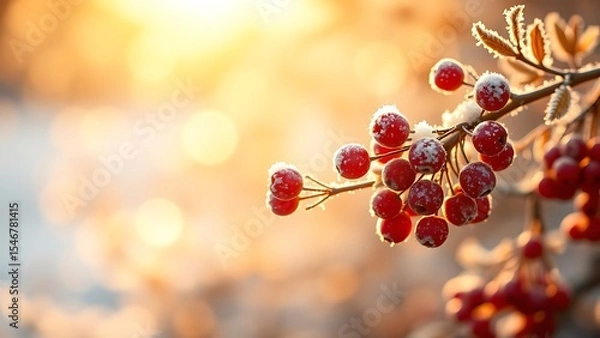 Obraz Frost covered Red Berries Glowing in Golden Sunlight with Soft Bokeh